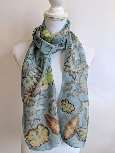 Silk Habotai Indigo Dyed and Eco-Printed Scarf