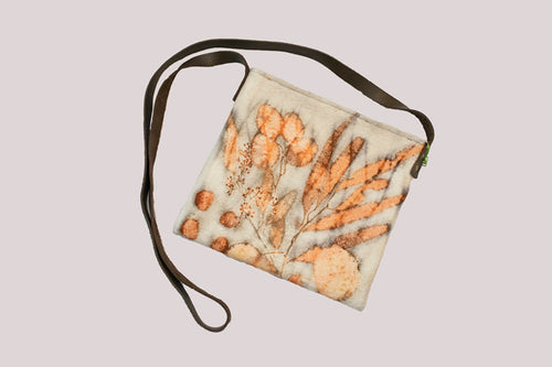 Eco Print Crossbody Felt Purse with Leather Strap