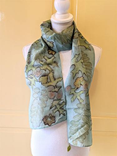 Silk Habotai Indigo Dyed & Eco-Printed Scarf